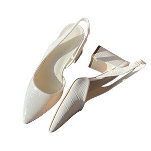 White Pointed Tow Sling Back Block Heels